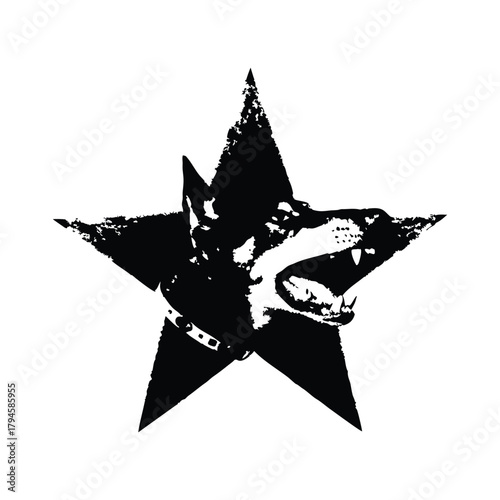 Fototapete Black and white illustration of a fierce doberman dog head with a black star bac