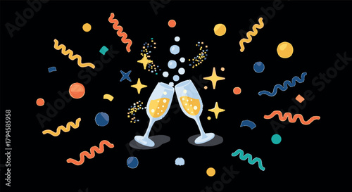 Celebratory toast with champagne glasses and colorful confetti on black background
