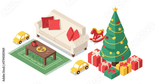 Cozy christmas living room with decorated tree and gifts in isometric style