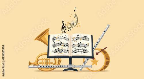 Musical ensemble with sheet music and instruments brass, woodwind, and percussion harmony