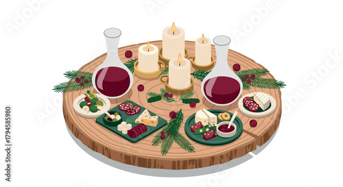 Festive cheese and wine board with candles and holiday decor on wooden table