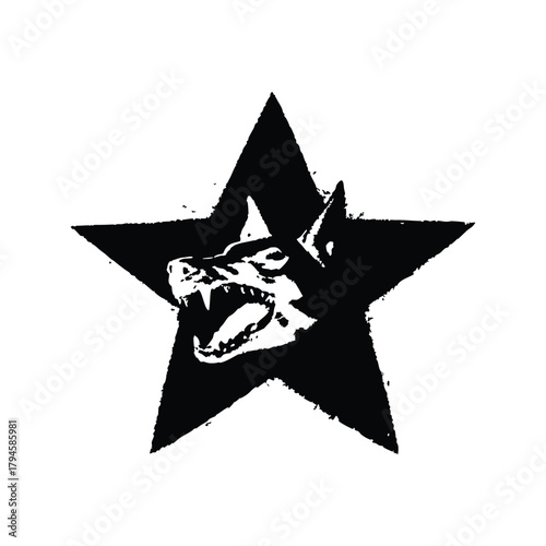 Black and white illustration of a fierce doberman dog head with a black star background shape in retro vintage punk style