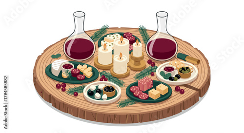 Rustic cheese and wine spread on wooden platter with lit candles