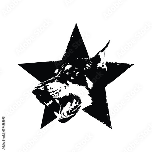 Black and white illustration of a fierce doberman dog head with a black star background shape in retro vintage punk style
