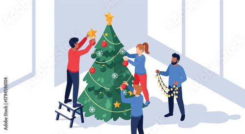 Festive teamwork decorating a christmas tree with star and ornaments