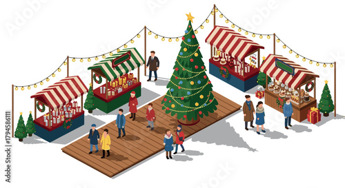 Festive holiday market with christmas tree and vendor stalls in isometric design