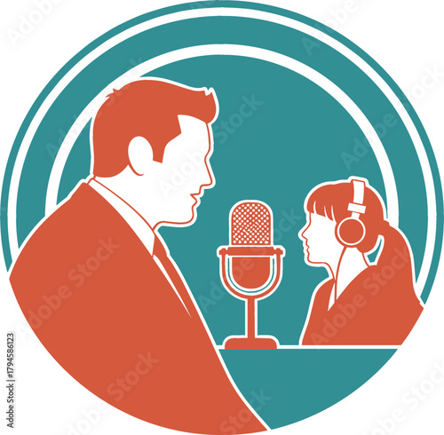 Podcast Interview Host and Guest with Headphones Circular Vector Badge