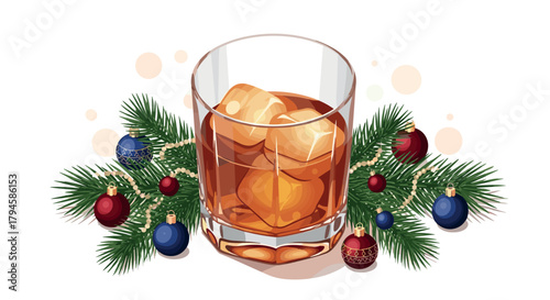 Festive whiskey glass with ice and holiday pine branches and baubles