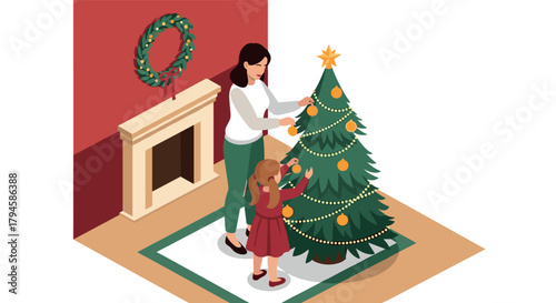 Mother and daughter decorating christmas tree in cozy living room with festive wreath
