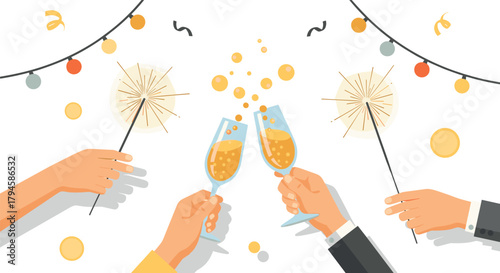 Festive celebration with toasting champagne glasses and sparklers in flat style