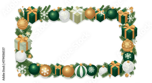 Festive holiday frame with green and gold ornaments and gift boxes