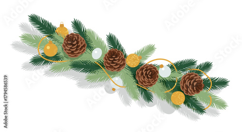 Festive christmas garland with pine cones and ornaments on evergreen branches