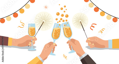 Festive celebration with champagne toast and sparklers in a party atmosphere