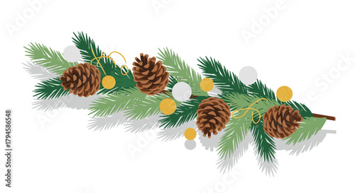 Festive evergreen pinecone arrangement with holiday decorations