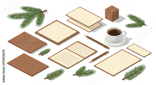 Cozy office supplies with pine tree elements in isometric style