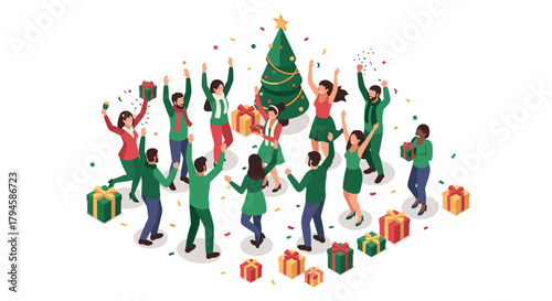 Joyful office holiday celebration with dancing and gift exchange in festive atmosphere