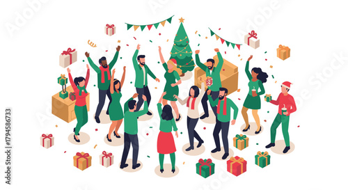 Festive office christmas party celebration with dancing colleagues and holiday decor in isometric style