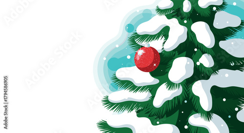 Snowy evergreen tree with red ornament on light blue background