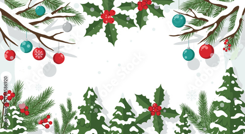 Festive winter background with pine branches and ornamental decorations