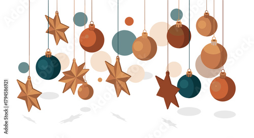 Festive hanging ornaments with stars and baubles in warm holiday tones