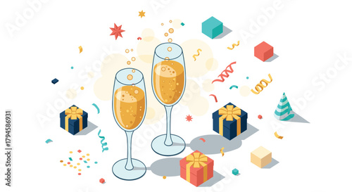 Festive celebration with champagne glasses and colorful gift boxes in isometric design