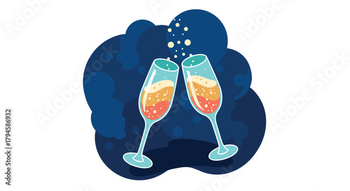 Celebratory champagne toast with two clinking glasses on blue bubbly background