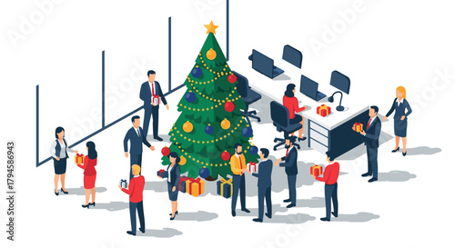 Festive office christmas celebration with colleagues decorating a tree and exchanging gifts