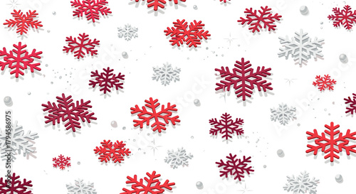 Festive winter background with red and white snowflakes on white surface