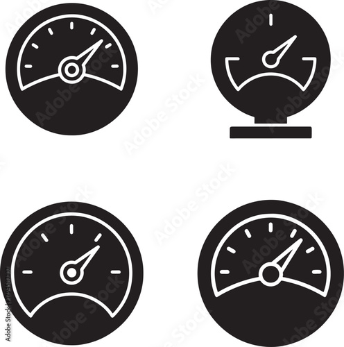 Set of four black and white circular gauge icons with needles indicating measurement