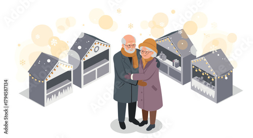 Elderly couple enjoying winter market surrounded by festive stalls and snowflakes