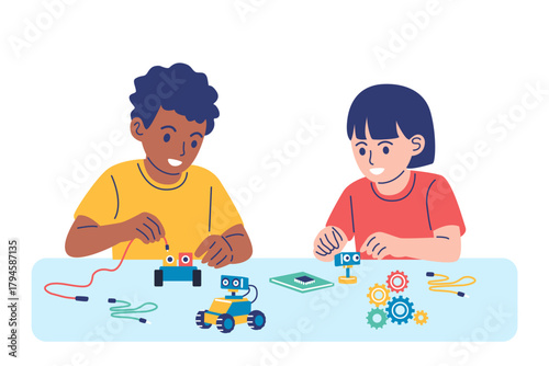 Diverse children working together to build and program small robots