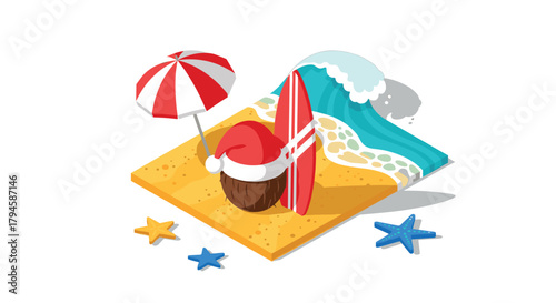 Tropical beach scene with surfboard, coconut, and santa hat in isometric style