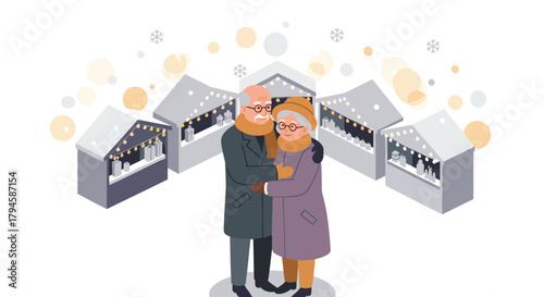 Elderly couple enjoying a winter market together in a festive setting