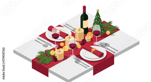 Elegant christmas dinner table setting with wine and candles in isometric style