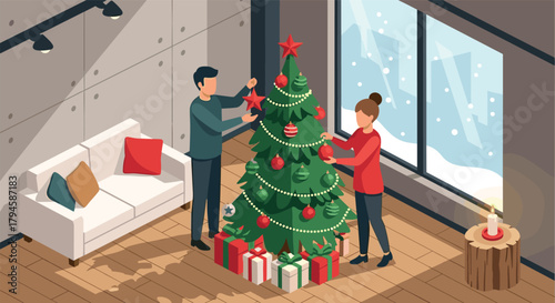Festive home scene with couple decorating christmas tree in cozy living room