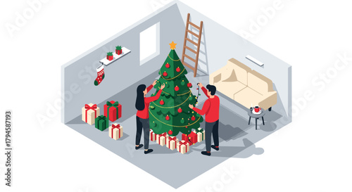 Festive isometric christmas scene with tree decoration and gifts in cozy living room