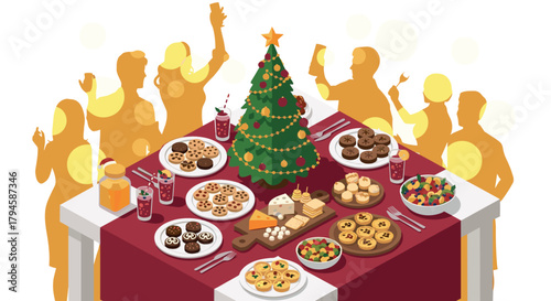 Festive holiday celebration with party silhouettes and christmas feast