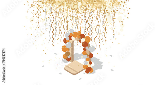 Elegant celebration backdrop with golden confetti and balloon arch in isometric design