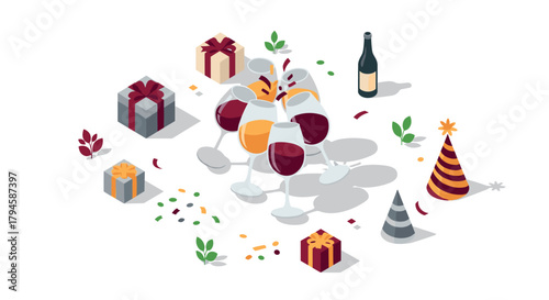 Festive celebration with wine glasses and gifts in isometric design