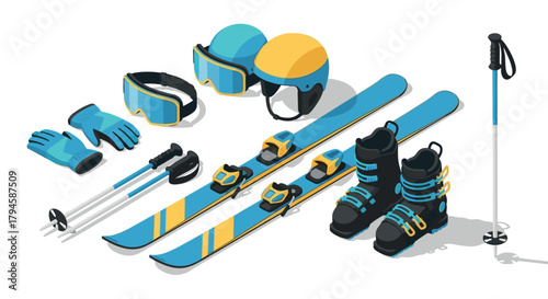 Isometric ski equipment set blue and yellow gear for winter sports adventure