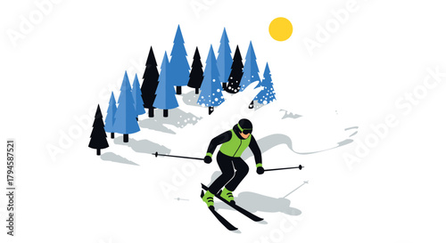Winter adventure skier racing downhill in vibrant forest scene with snowy trail
