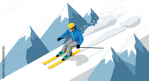 Dynamic skiing adventure in snowy mountains with isometric art style