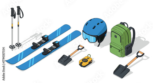 Isometric winter sports equipment set with skis, helmet, and backpack