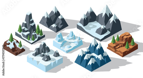 Isometric mountain landscapes with snowy peaks and evergreen trees