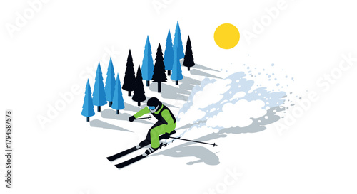 Dynamic isometric skiing scene with skier and snowy trees