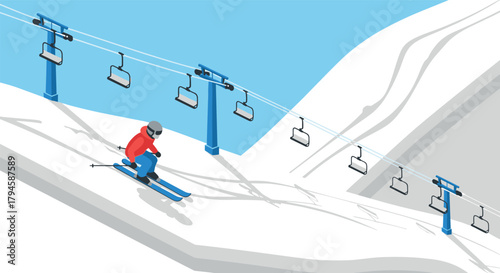Isometric skiing scene with skier in motion on snowy mountain