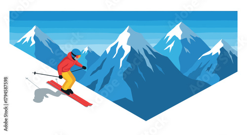 Colorful alpine skiing adventure with skier in red on snowy mountain slopes