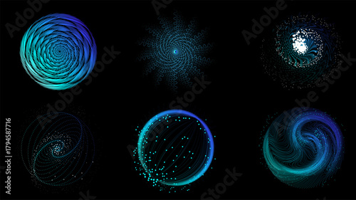 Blue neural spiral with particle field and curved motion on black background. Concept of big data analytics, innovation technology, and generative digital intelligence processes.