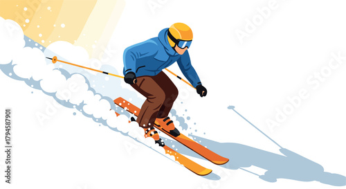 Dynamic skier in action on a snowy slope with vibrant winter colors