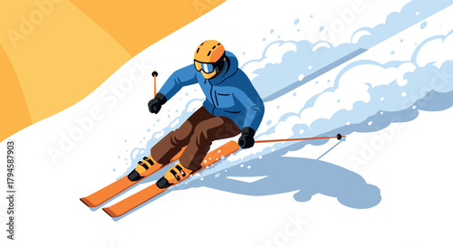 Dynamic skiing downhill in colorful style on a bright sunny day